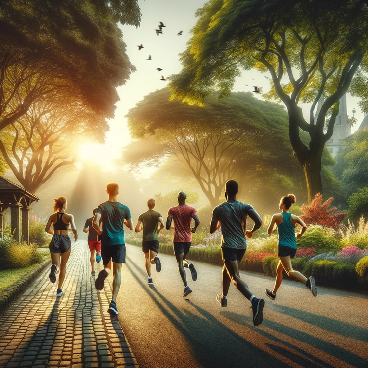 DALL·E runners energetically running down a scenic park alley. The sun is just coming up, casting a soft, golden glow.