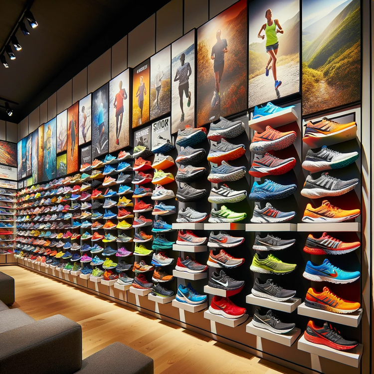 DALL·E a wall full of shelves with running shoes in a running store