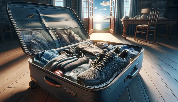 DALL·E A suitcase with running shoes in it.