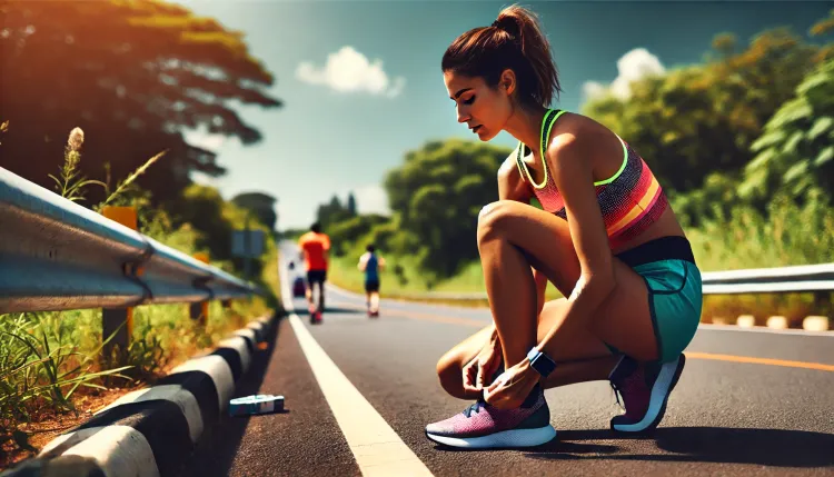 DALL·E A runner tying her shoe on the side of the road