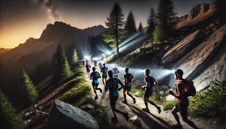 DALL·E - A group of ultra marathon runners on a rugged mountain trail at night