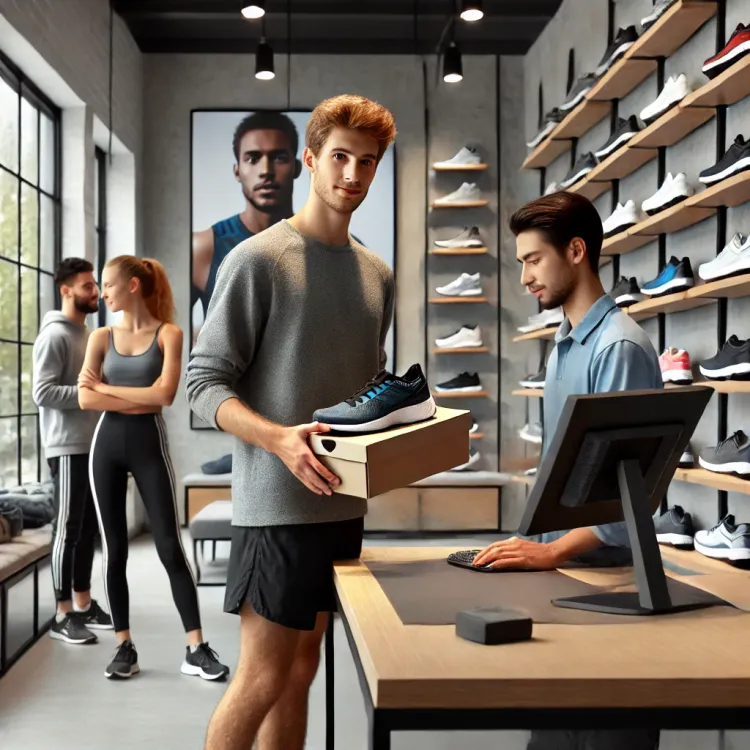 DALL·E - A customer buying a pair of running shoes at a running store