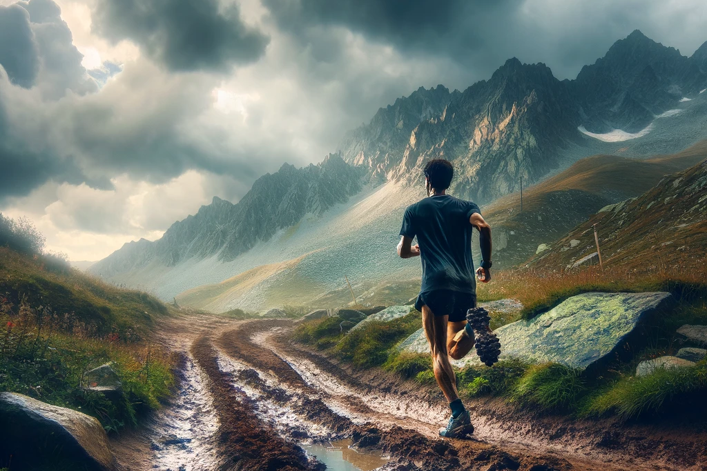 DALL·E an atmospheric image of a runner on a mountain trail with a cloudy sky and muddy terrain