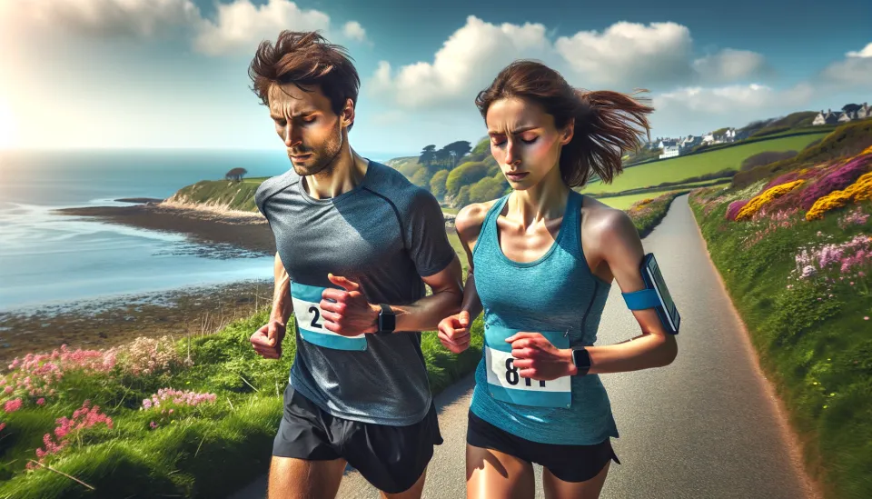 DALL·E Two marathon runners, showing their determination as they run alongside the ocean on a beautiful spring day.