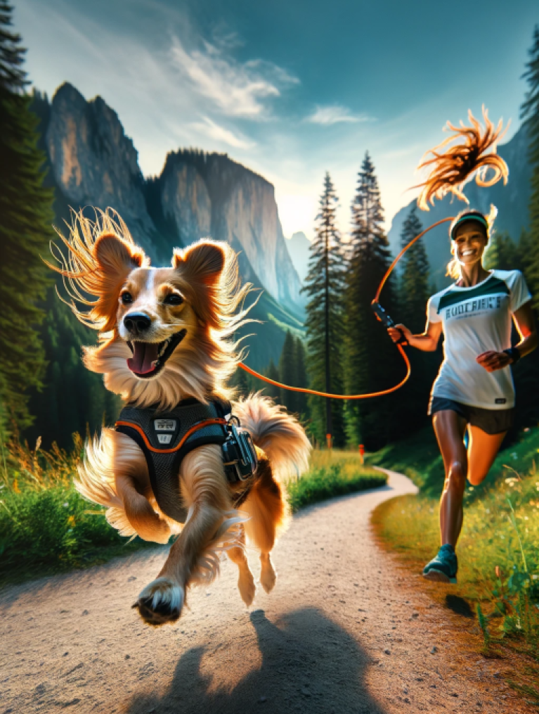 DALL·E A dynamic scene of a dog and its owner running on a trail in a beautiful landscape.